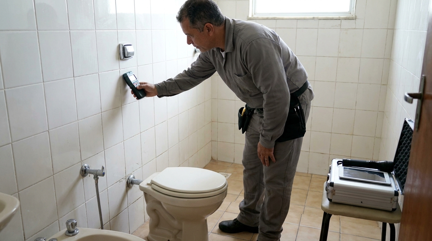 Técnico de caça vazamento analisando tubulação em Nova Iguaçu‑RJ